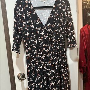 Stella Tweed Black Midi Wrap Dress with White & Brown Floral Print